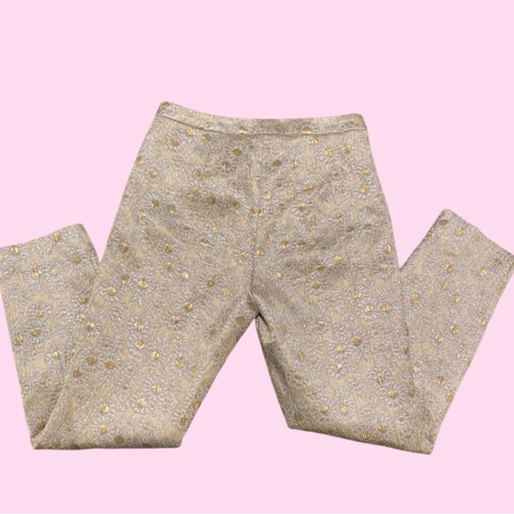 Trina Turk Osmond Jacquard Flower Gold Silver Lined High Waisted Ankle Pants - Picture 2 of 7